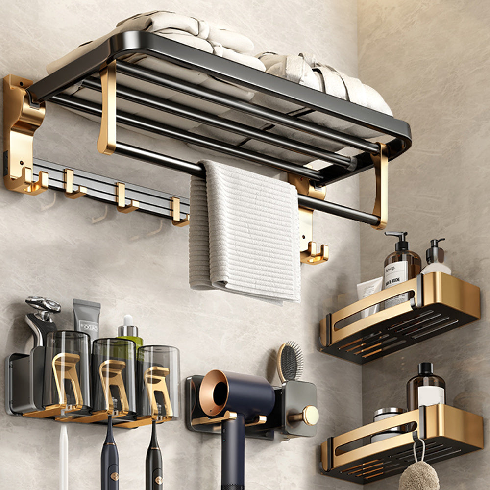 Black and Brass Bathroom Accessory Set Contemporary Bath Set with Bath Shelf/Towel Bar 5-Piece Set (Square Bath Shelf) Clearhalo 'Bathroom Hardware Sets' 'Bathroom Hardware' 'Bathroom Remodel & Bathroom Fixtures' 'bathroom_hardware_sets' 'Home Improvement' 'home_improvement' 'home_improvement_bathroom_hardware_sets' 6876698