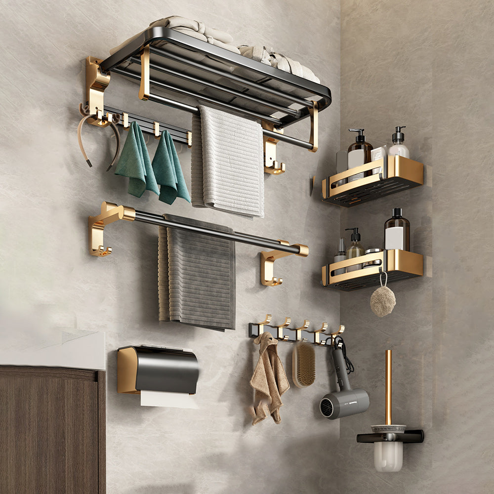 Black and Brass Bathroom Accessory Set Contemporary Bath Set with Bath Shelf/Towel Bar 7-Piece Set (Square Bath Shelf) Clearhalo 'Bathroom Hardware Sets' 'Bathroom Hardware' 'Bathroom Remodel & Bathroom Fixtures' 'bathroom_hardware_sets' 'Home Improvement' 'home_improvement' 'home_improvement_bathroom_hardware_sets' 6876700