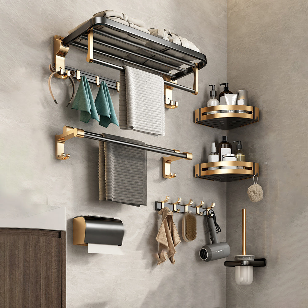 Black and Brass Bathroom Accessory Set Contemporary Bath Set with Bath Shelf/Towel Bar 7-Piece Set (Triangle Bath Shelf) Clearhalo 'Bathroom Hardware Sets' 'Bathroom Hardware' 'Bathroom Remodel & Bathroom Fixtures' 'bathroom_hardware_sets' 'Home Improvement' 'home_improvement' 'home_improvement_bathroom_hardware_sets' 6876701