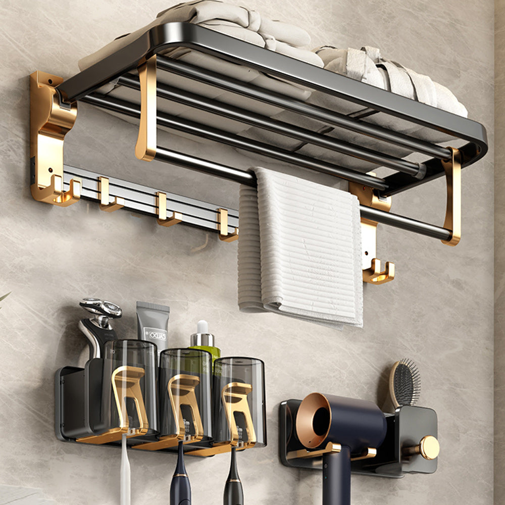 Black and Brass Bathroom Accessory Set Contemporary Bath Set with Bath Shelf/Towel Bar Towel Rack & Toothbrush Holder & Hair Dryer Holder Clearhalo 'Bathroom Hardware Sets' 'Bathroom Hardware' 'Bathroom Remodel & Bathroom Fixtures' 'bathroom_hardware_sets' 'Home Improvement' 'home_improvement' 'home_improvement_bathroom_hardware_sets' 6876703