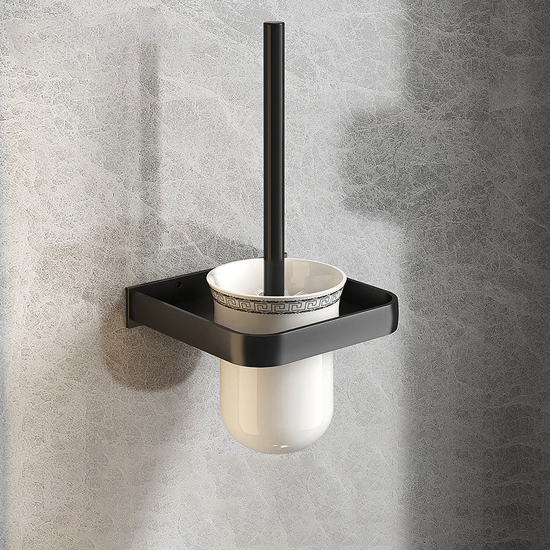 Modern Matte Black Bathroom Accessory Set with Bath Shelf/Robe Hooks/Towel Bar Toilet Brush Clearhalo 'Bathroom Hardware Sets' 'Bathroom Hardware' 'Bathroom Remodel & Bathroom Fixtures' 'bathroom_hardware_sets' 'Home Improvement' 'home_improvement' 'home_improvement_bathroom_hardware_sets' 6876707