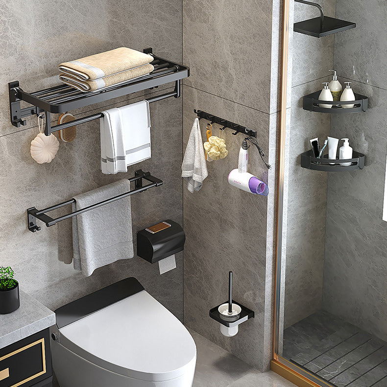 Modern Matte Black Bathroom Accessory Set with Bath Shelf/Robe Hooks/Towel Bar Clearhalo 'Bathroom Hardware Sets' 'Bathroom Hardware' 'Bathroom Remodel & Bathroom Fixtures' 'bathroom_hardware_sets' 'Home Improvement' 'home_improvement' 'home_improvement_bathroom_hardware_sets' 6876708