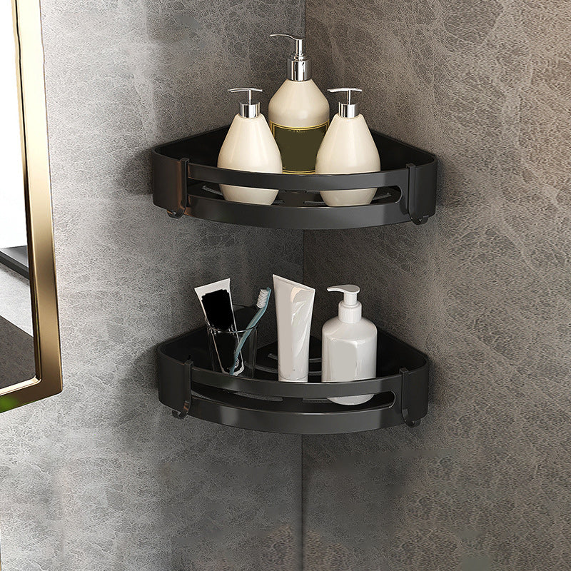 Modern Matte Black Bathroom Accessory Set with Bath Shelf/Robe Hooks/Towel Bar 2-Piece Set (Triangular Bath Shelf) Clearhalo 'Bathroom Hardware Sets' 'Bathroom Hardware' 'Bathroom Remodel & Bathroom Fixtures' 'bathroom_hardware_sets' 'Home Improvement' 'home_improvement' 'home_improvement_bathroom_hardware_sets' 6876711