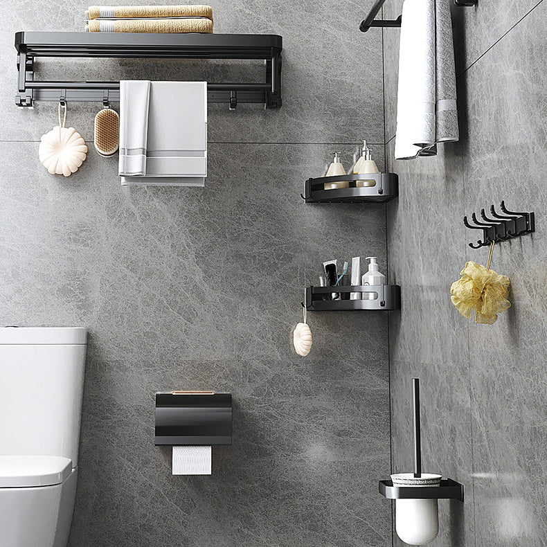 Modern Matte Black Bathroom Accessory Set with Bath Shelf/Robe Hooks/Towel Bar Clearhalo 'Bathroom Hardware Sets' 'Bathroom Hardware' 'Bathroom Remodel & Bathroom Fixtures' 'bathroom_hardware_sets' 'Home Improvement' 'home_improvement' 'home_improvement_bathroom_hardware_sets' 6876712