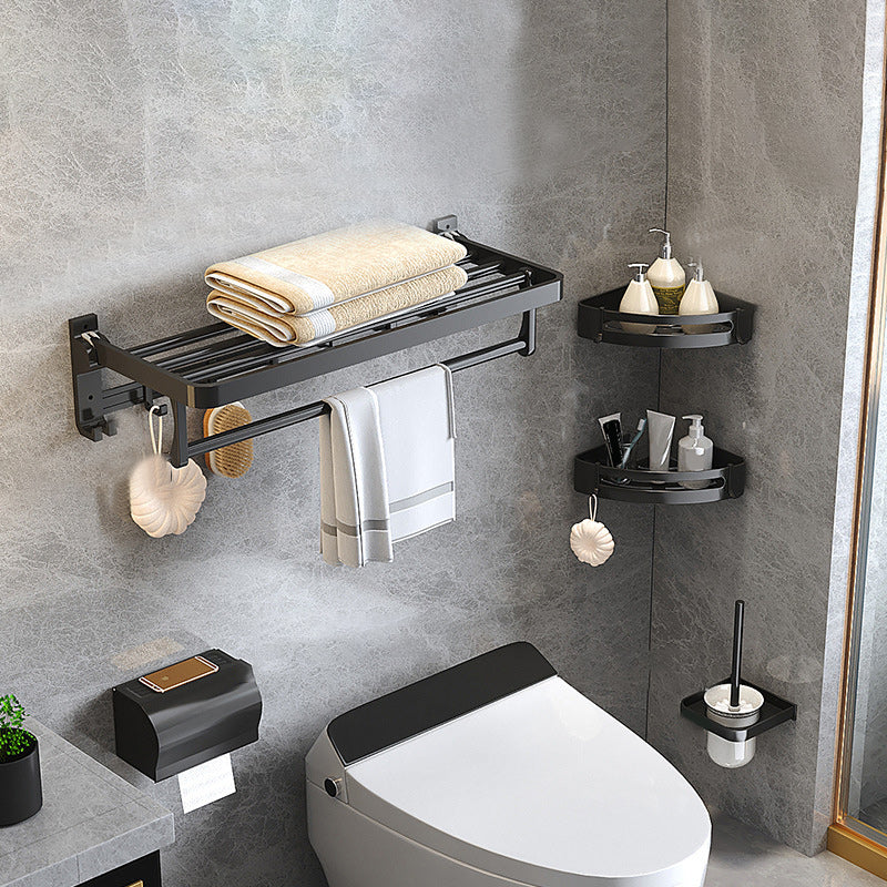 Modern Matte Black Bathroom Accessory Set with Bath Shelf/Robe Hooks/Towel Bar 5-Piece Set (Toilet Brush) Clearhalo 'Bathroom Hardware Sets' 'Bathroom Hardware' 'Bathroom Remodel & Bathroom Fixtures' 'bathroom_hardware_sets' 'Home Improvement' 'home_improvement' 'home_improvement_bathroom_hardware_sets' 6876717