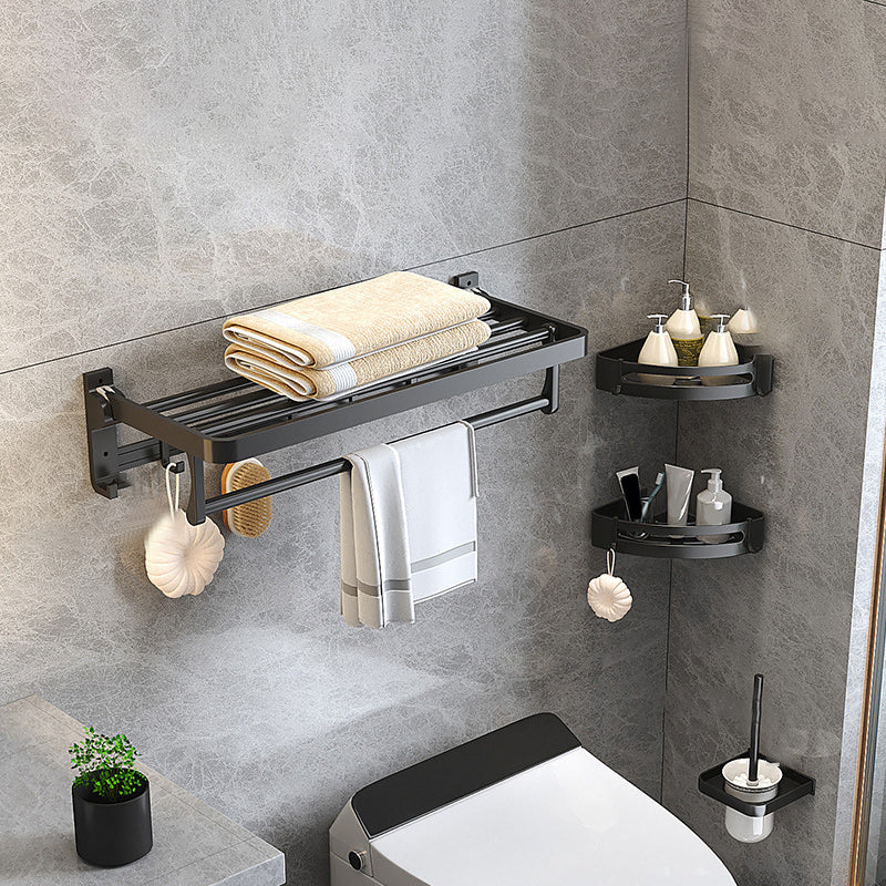 Modern Matte Black Bathroom Accessory Set with Bath Shelf/Robe Hooks/Towel Bar 4-Piece Set (Toilet Brush) Clearhalo 'Bathroom Hardware Sets' 'Bathroom Hardware' 'Bathroom Remodel & Bathroom Fixtures' 'bathroom_hardware_sets' 'Home Improvement' 'home_improvement' 'home_improvement_bathroom_hardware_sets' 6876719