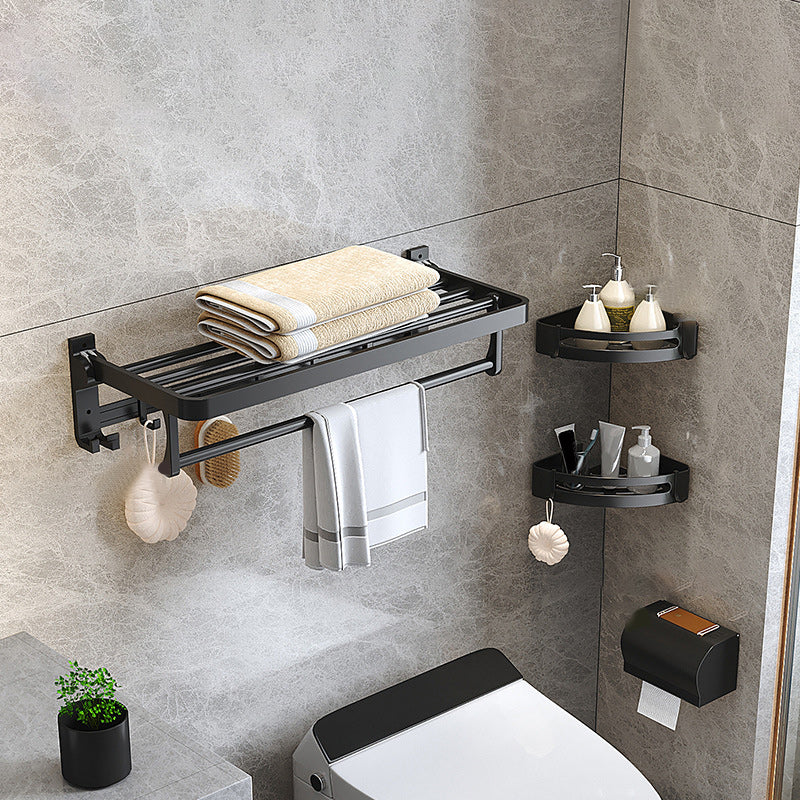 Modern Matte Black Bathroom Accessory Set with Bath Shelf/Robe Hooks/Towel Bar 4-Piece Set (Toilet Paper Holder) Clearhalo 'Bathroom Hardware Sets' 'Bathroom Hardware' 'Bathroom Remodel & Bathroom Fixtures' 'bathroom_hardware_sets' 'Home Improvement' 'home_improvement' 'home_improvement_bathroom_hardware_sets' 6876722