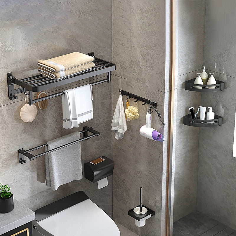 Modern Matte Black Bathroom Accessory Set with Bath Shelf/Robe Hooks/Towel Bar 7-Piece Set (8"L Toilet Paper Holder) Clearhalo 'Bathroom Hardware Sets' 'Bathroom Hardware' 'Bathroom Remodel & Bathroom Fixtures' 'bathroom_hardware_sets' 'Home Improvement' 'home_improvement' 'home_improvement_bathroom_hardware_sets' 6876728