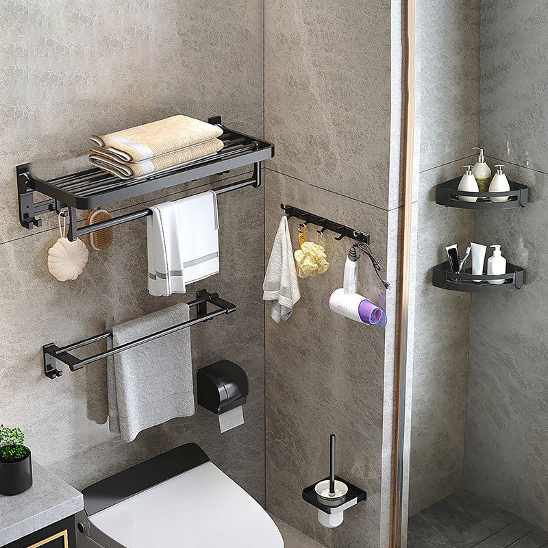 Modern Matte Black Bathroom Accessory Set with Bath Shelf/Robe Hooks/Towel Bar 7-Piece Set (5"L Toilet Paper Holder) Clearhalo 'Bathroom Hardware Sets' 'Bathroom Hardware' 'Bathroom Remodel & Bathroom Fixtures' 'bathroom_hardware_sets' 'Home Improvement' 'home_improvement' 'home_improvement_bathroom_hardware_sets' 6876732