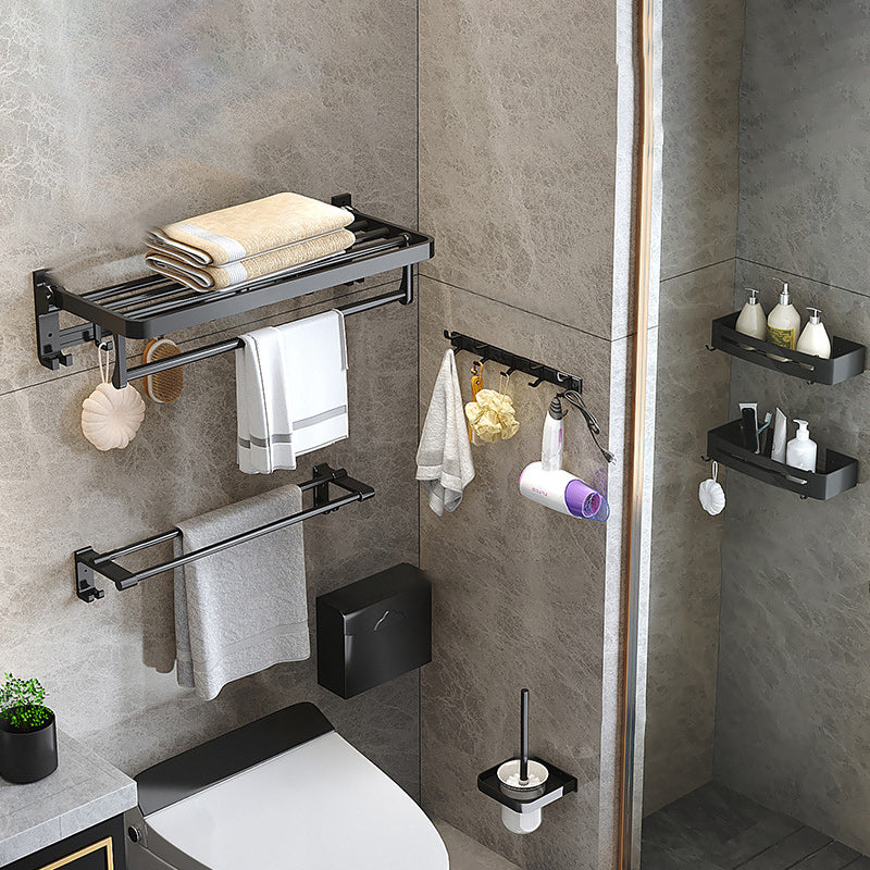 Modern Matte Black Bathroom Accessory Set with Bath Shelf/Robe Hooks/Towel Bar 7-Piece Set (9"L Toilet Paper Holder) Clearhalo 'Bathroom Hardware Sets' 'Bathroom Hardware' 'Bathroom Remodel & Bathroom Fixtures' 'bathroom_hardware_sets' 'Home Improvement' 'home_improvement' 'home_improvement_bathroom_hardware_sets' 6876733