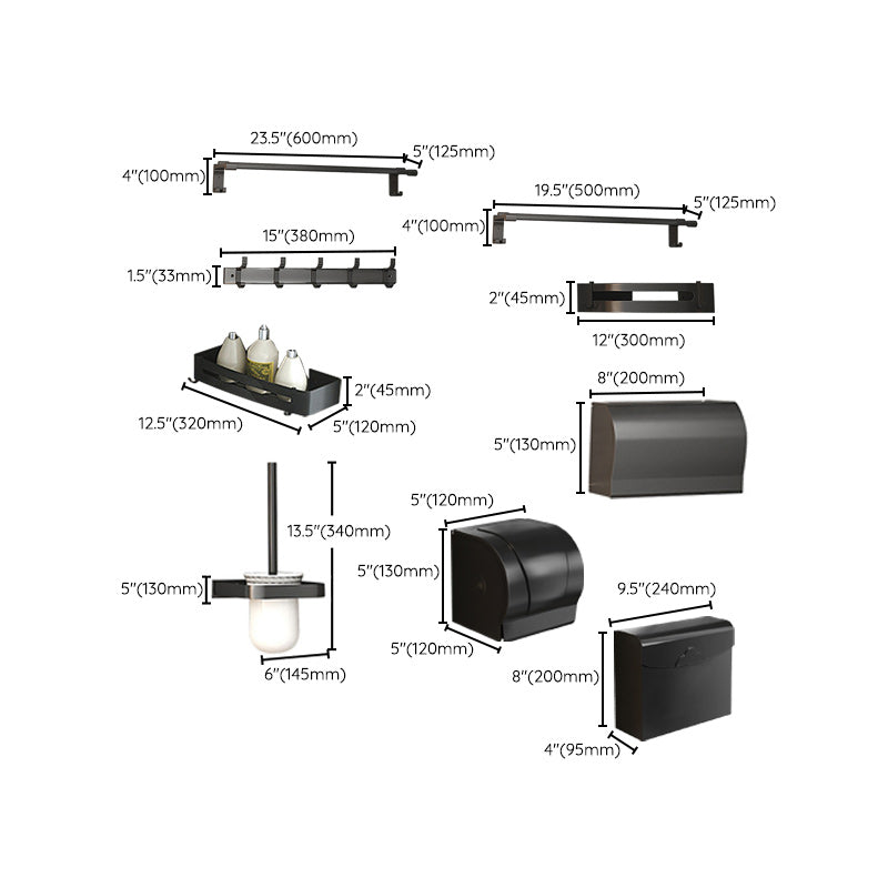 Modern Matte Black Bathroom Accessory Set with Bath Shelf/Robe Hooks/Towel Bar Clearhalo 'Bathroom Hardware Sets' 'Bathroom Hardware' 'Bathroom Remodel & Bathroom Fixtures' 'bathroom_hardware_sets' 'Home Improvement' 'home_improvement' 'home_improvement_bathroom_hardware_sets' 6876734