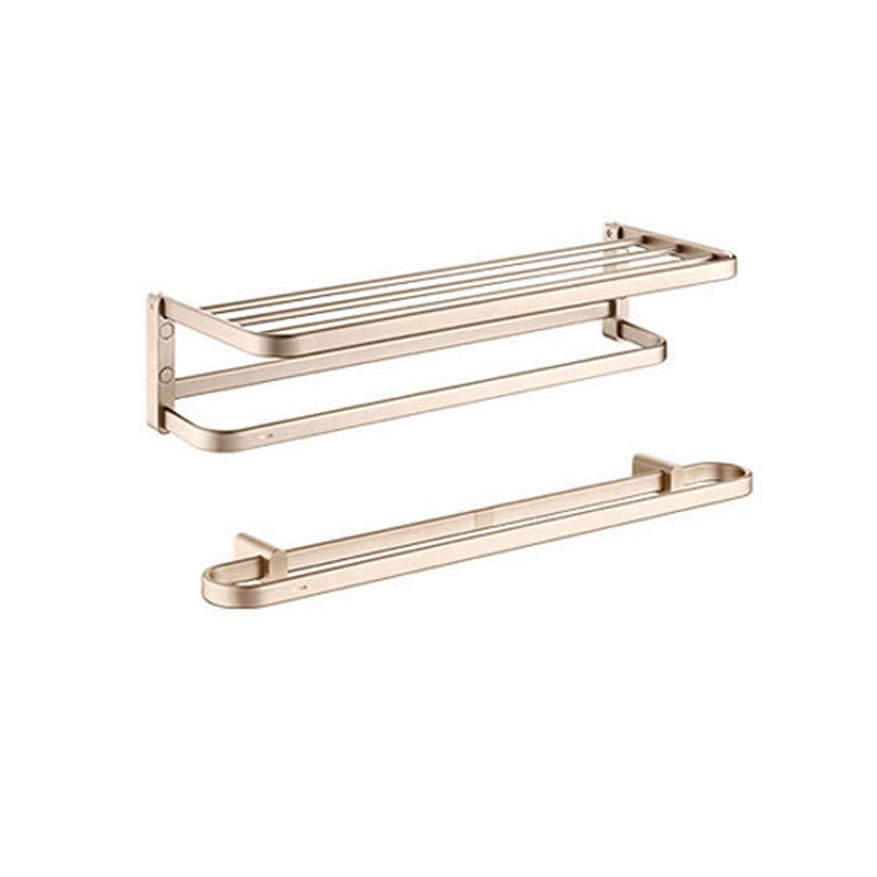 Golden Modern Bathroom Accessory Set Polished Brass Bath Shelf/Towel Bar/Robe Hooks Towel Rack with Towel Bar Clearhalo 'Bathroom Hardware Sets' 'Bathroom Hardware' 'Bathroom Remodel & Bathroom Fixtures' 'bathroom_hardware_sets' 'Home Improvement' 'home_improvement' 'home_improvement_bathroom_hardware_sets' 6876737