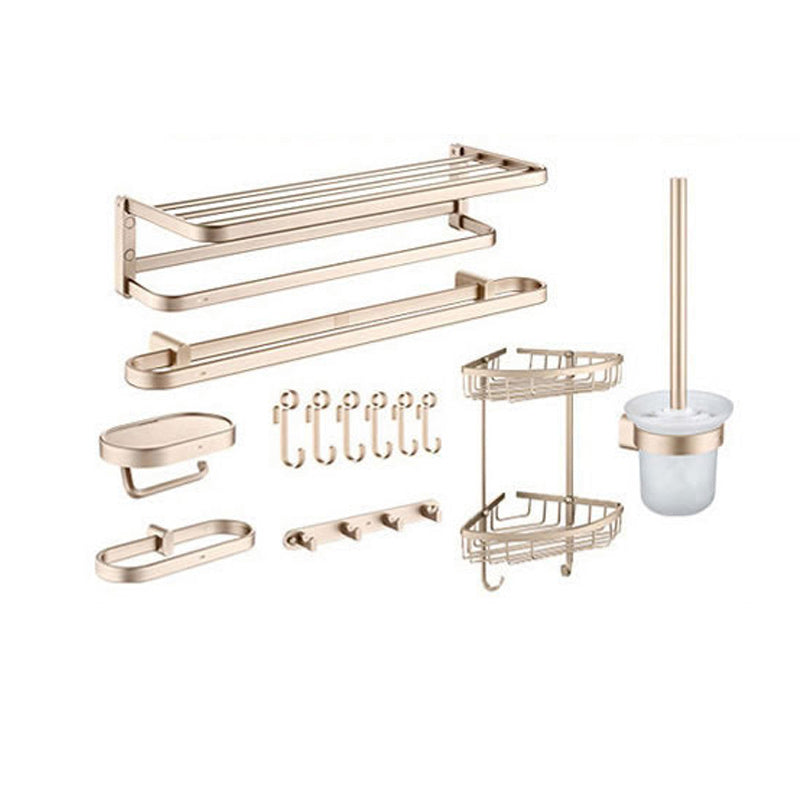 Golden Modern Bathroom Accessory Set Polished Brass Bath Shelf/Towel Bar/Robe Hooks 8-Piece Set Clearhalo 'Bathroom Hardware Sets' 'Bathroom Hardware' 'Bathroom Remodel & Bathroom Fixtures' 'bathroom_hardware_sets' 'Home Improvement' 'home_improvement' 'home_improvement_bathroom_hardware_sets' 6876738