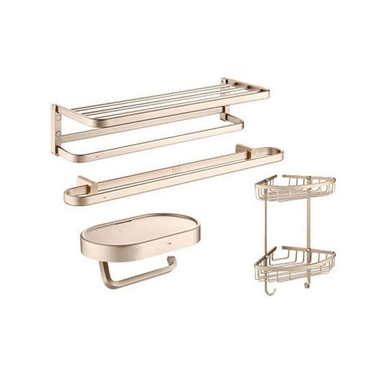 Golden Modern Bathroom Accessory Set Polished Brass Bath Shelf/Towel Bar/Robe Hooks 4-Piece Set Clearhalo 'Bathroom Hardware Sets' 'Bathroom Hardware' 'Bathroom Remodel & Bathroom Fixtures' 'bathroom_hardware_sets' 'Home Improvement' 'home_improvement' 'home_improvement_bathroom_hardware_sets' 6876740