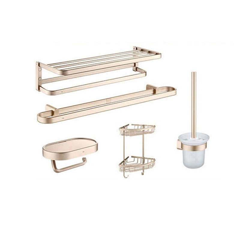 Golden Modern Bathroom Accessory Set Polished Brass Bath Shelf/Towel Bar/Robe Hooks 5 piece Set Clearhalo 'Bathroom Hardware Sets' 'Bathroom Hardware' 'Bathroom Remodel & Bathroom Fixtures' 'bathroom_hardware_sets' 'Home Improvement' 'home_improvement' 'home_improvement_bathroom_hardware_sets' 6876742