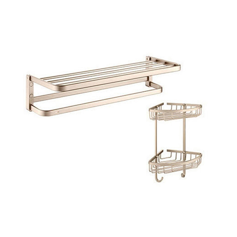 Golden Modern Bathroom Accessory Set Polished Brass Bath Shelf/Towel Bar/Robe Hooks Towel Rack with Double Layer Triangle Bath Shelves Clearhalo 'Bathroom Hardware Sets' 'Bathroom Hardware' 'Bathroom Remodel & Bathroom Fixtures' 'bathroom_hardware_sets' 'Home Improvement' 'home_improvement' 'home_improvement_bathroom_hardware_sets' 6876744