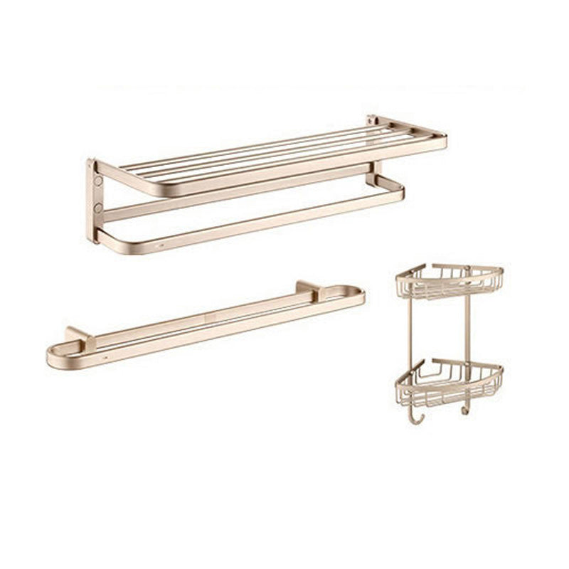 Golden Modern Bathroom Accessory Set Polished Brass Bath Shelf/Towel Bar/Robe Hooks Towel Rack & Towel Bar & Double Layer Triangle Bath Shelves Clearhalo 'Bathroom Hardware Sets' 'Bathroom Hardware' 'Bathroom Remodel & Bathroom Fixtures' 'bathroom_hardware_sets' 'Home Improvement' 'home_improvement' 'home_improvement_bathroom_hardware_sets' 6876746