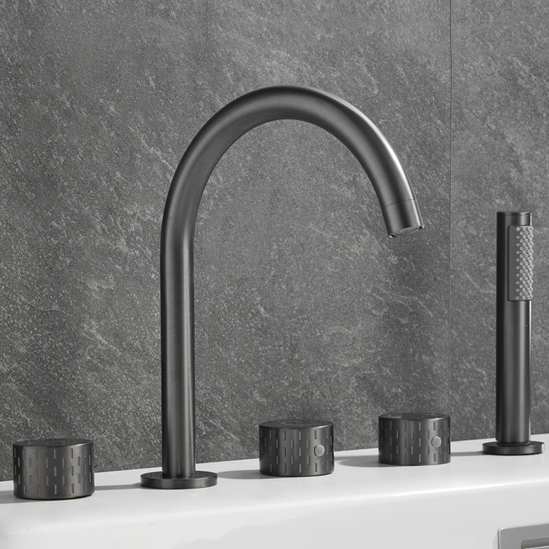 Traditional Deck Mounted Metal Tub Filler Three Handles Faucet Gun Grey Curved Knob Handles Clearhalo 'Bathroom Remodel & Bathroom Fixtures' 'Bathtub Faucets' 'bathtub_faucets' 'Home Improvement' 'home_improvement' 'home_improvement_bathtub_faucets' 6881769