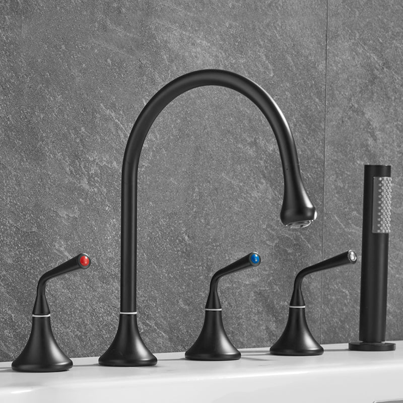 Traditional Deck Mounted Metal Tub Filler Three Handles Faucet Black Gooseneck Lever Handles Clearhalo 'Bathroom Remodel & Bathroom Fixtures' 'Bathtub Faucets' 'bathtub_faucets' 'Home Improvement' 'home_improvement' 'home_improvement_bathtub_faucets' 6881778