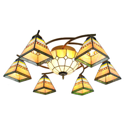 Beige Pyramid Ceiling Chandelier Tiffany Style Stained Glass Hanging Ceiling Fixture for Living Room 7 Beige Clearhalo 'Ceiling Lights' 'Close To Ceiling Lights' 'Close to ceiling' 'Flush mount' Lighting' 68869