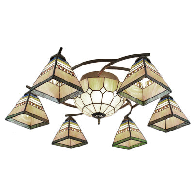 Beige Pyramid Ceiling Chandelier Tiffany Style Stained Glass Hanging Ceiling Fixture for Living Room Clearhalo 'Ceiling Lights' 'Close To Ceiling Lights' 'Close to ceiling' 'Flush mount' Lighting' 68870