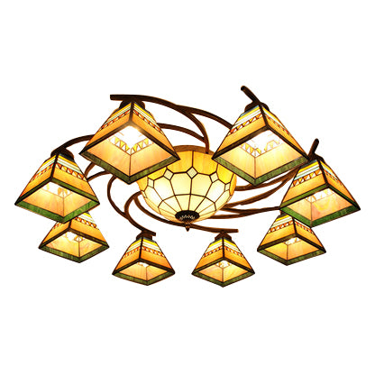 Beige Pyramid Ceiling Chandelier Tiffany Style Stained Glass Hanging Ceiling Fixture for Living Room 9 Beige Clearhalo 'Ceiling Lights' 'Close To Ceiling Lights' 'Close to ceiling' 'Flush mount' Lighting' 68871