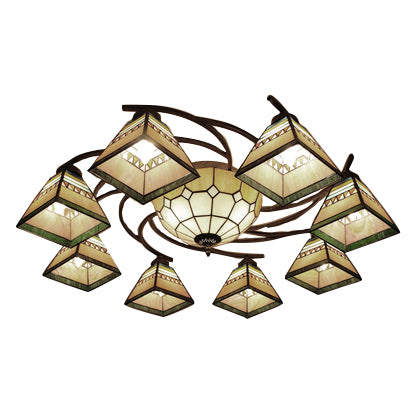 Beige Pyramid Ceiling Chandelier Tiffany Style Stained Glass Hanging Ceiling Fixture for Living Room Clearhalo 'Ceiling Lights' 'Close To Ceiling Lights' 'Close to ceiling' 'Flush mount' Lighting' 68872