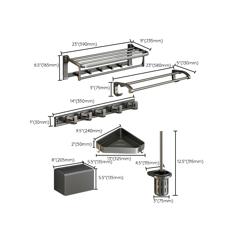 Modernism Aluminum Bathroom Hardware Set Gray Metal Bathroom Set with Towel Bar/Bath Shelf Clearhalo 'Bathroom Hardware Sets' 'Bathroom Hardware' 'Bathroom Remodel & Bathroom Fixtures' 'bathroom_hardware_sets' 'Home Improvement' 'home_improvement' 'home_improvement_bathroom_hardware_sets' 6893172