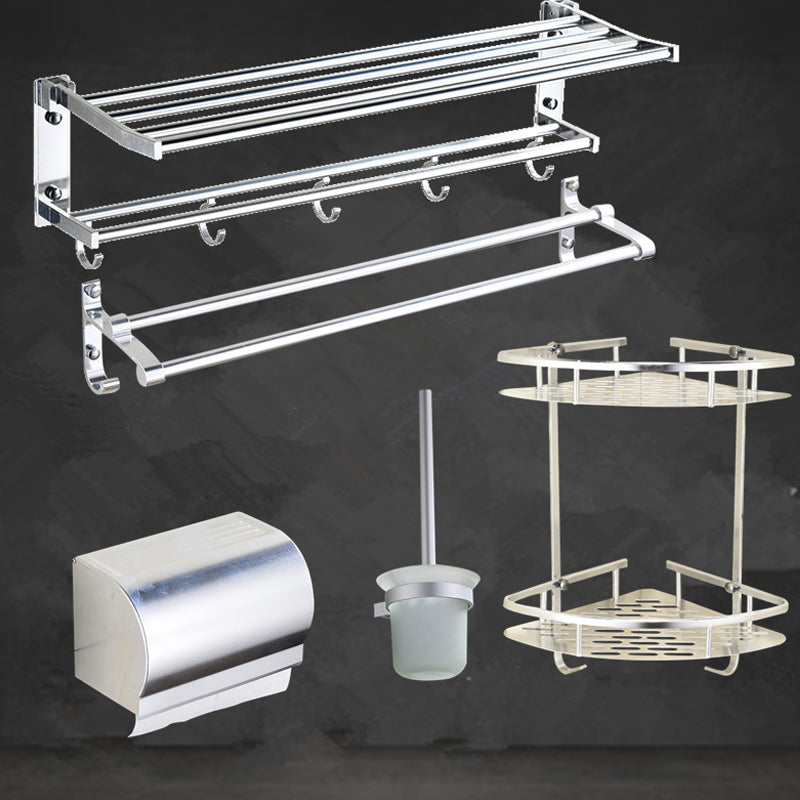 Modern Stainless Steel Paper Holder Bath Shelf Bathroom Accessory Kit 5-Piece Set (Double Rods) Clearhalo 'Bathroom Hardware Sets' 'Bathroom Hardware' 'Bathroom Remodel & Bathroom Fixtures' 'bathroom_hardware_sets' 'Home Improvement' 'home_improvement' 'home_improvement_bathroom_hardware_sets' 6893357