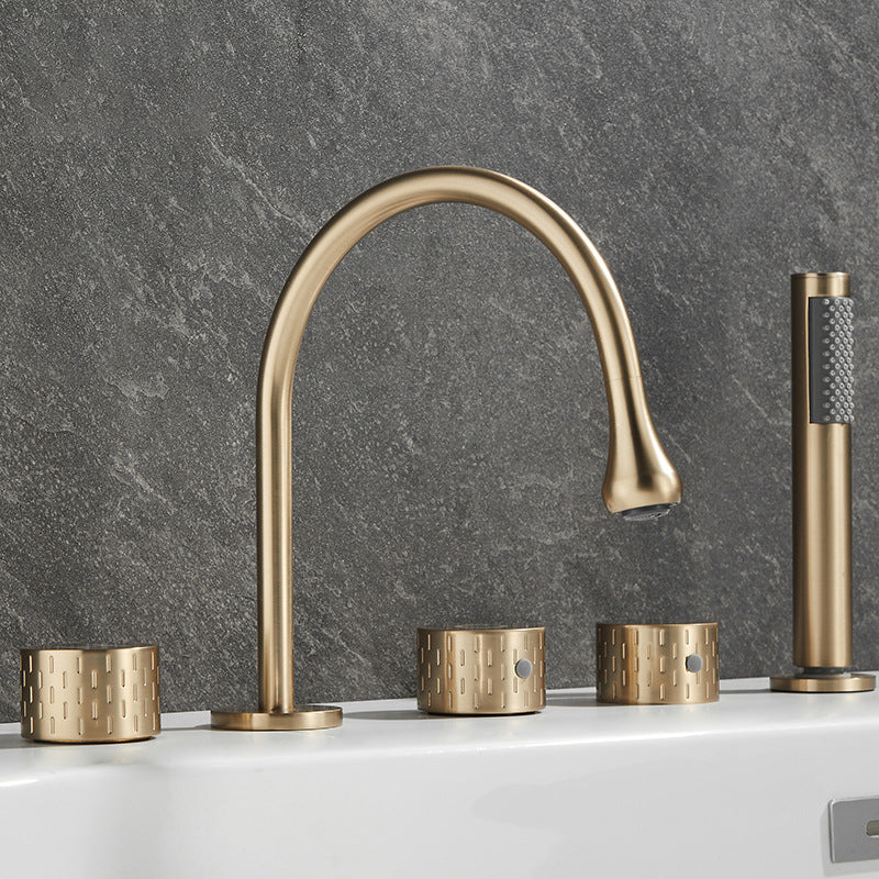 Modern Deck Mounted Metal Tub Filler Three Handles High Arch Faucet Gold Gooseneck Knob Handles Clearhalo 'Bathroom Remodel & Bathroom Fixtures' 'Bathtub Faucets' 'bathtub_faucets' 'Home Improvement' 'home_improvement' 'home_improvement_bathtub_faucets' 6894907