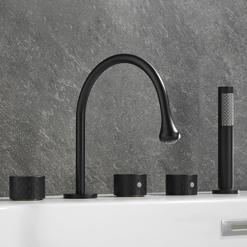 Modern Deck Mounted Metal Tub Filler Three Handles High Arch Faucet Black Gooseneck Knob Handles Clearhalo 'Bathroom Remodel & Bathroom Fixtures' 'Bathtub Faucets' 'bathtub_faucets' 'Home Improvement' 'home_improvement' 'home_improvement_bathtub_faucets' 6894908