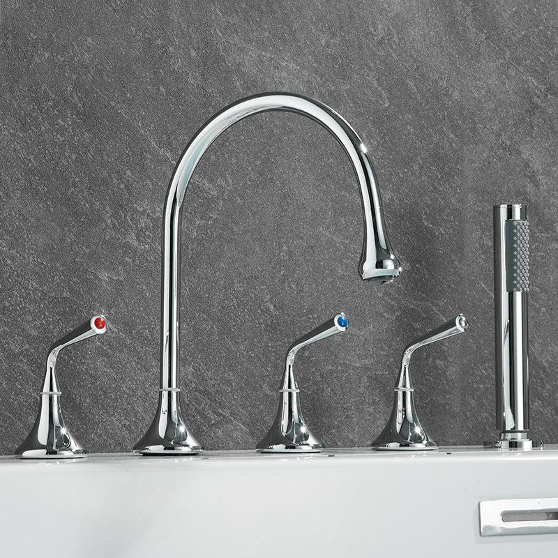 Modern Deck Mounted Metal Tub Filler Three Handles High Arch Faucet Nickel Gooseneck Knob Handles Clearhalo 'Bathroom Remodel & Bathroom Fixtures' 'Bathtub Faucets' 'bathtub_faucets' 'Home Improvement' 'home_improvement' 'home_improvement_bathtub_faucets' 6894913