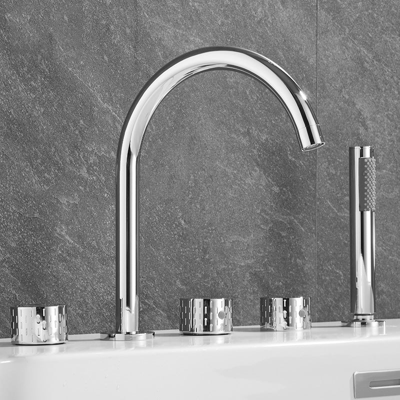 Modern Deck Mounted Metal Tub Filler Three Handles High Arch Faucet Nickel Curved Knob Handles Clearhalo 'Bathroom Remodel & Bathroom Fixtures' 'Bathtub Faucets' 'bathtub_faucets' 'Home Improvement' 'home_improvement' 'home_improvement_bathtub_faucets' 6894918