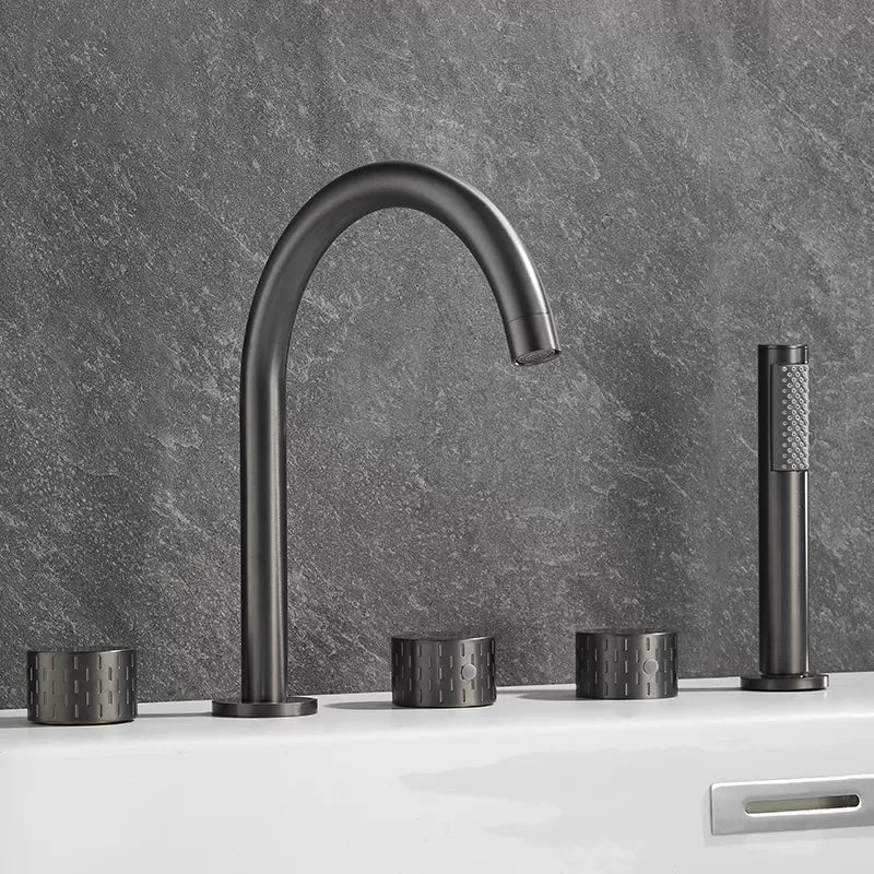 Modern Deck Mounted Metal Tub Filler Three Handles High Arch Faucet Gun Grey Curved Knob Handles Clearhalo 'Bathroom Remodel & Bathroom Fixtures' 'Bathtub Faucets' 'bathtub_faucets' 'Home Improvement' 'home_improvement' 'home_improvement_bathtub_faucets' 6894920