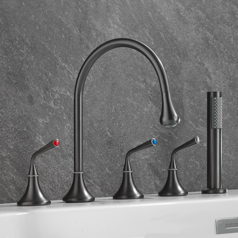 Modern Deck Mounted Metal Tub Filler Three Handles High Arch Faucet Gun Grey Gooseneck Lever Handles Clearhalo 'Bathroom Remodel & Bathroom Fixtures' 'Bathtub Faucets' 'bathtub_faucets' 'Home Improvement' 'home_improvement' 'home_improvement_bathtub_faucets' 6894922