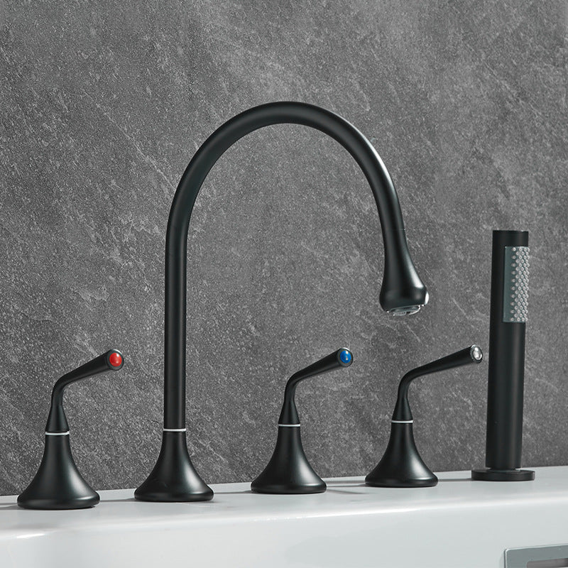 Modern Deck Mounted Metal Tub Filler Three Handles High Arch Faucet Black Gooseneck Lever Handles Clearhalo 'Bathroom Remodel & Bathroom Fixtures' 'Bathtub Faucets' 'bathtub_faucets' 'Home Improvement' 'home_improvement' 'home_improvement_bathtub_faucets' 6894924