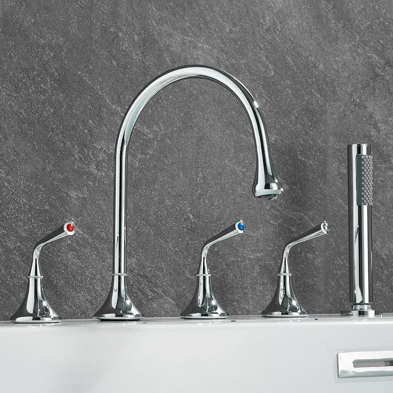 Modern Deck Mounted Metal Tub Filler Three Handles High Arch Faucet Nickel Gooseneck Lever Handles Clearhalo 'Bathroom Remodel & Bathroom Fixtures' 'Bathtub Faucets' 'bathtub_faucets' 'Home Improvement' 'home_improvement' 'home_improvement_bathtub_faucets' 6894928