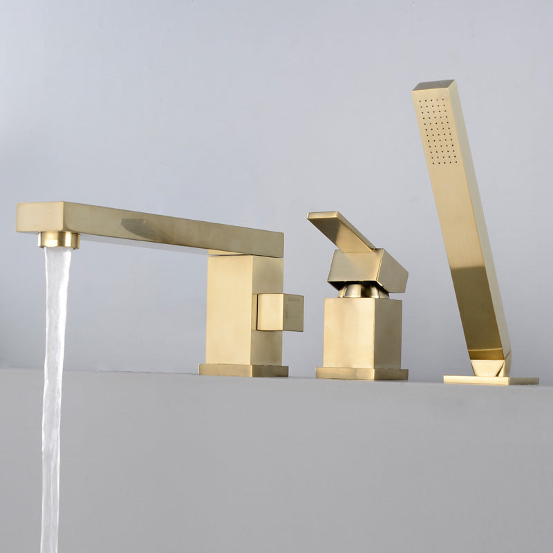 Modern Deck Mounted Low Arc Roman Tub Faucet Copper Roman Tub Faucet Set Gold 3 Hole Faucets Clearhalo 'Bathroom Remodel & Bathroom Fixtures' 'Bathtub Faucets' 'bathtub_faucets' 'Home Improvement' 'home_improvement' 'home_improvement_bathtub_faucets' 6895043