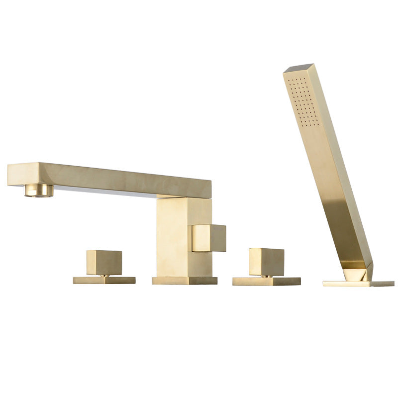 Modern Deck Mounted Low Arc Roman Tub Faucet Copper Roman Tub Faucet Set Gold 4 Hole Faucets Clearhalo 'Bathroom Remodel & Bathroom Fixtures' 'Bathtub Faucets' 'bathtub_faucets' 'Home Improvement' 'home_improvement' 'home_improvement_bathtub_faucets' 6895048