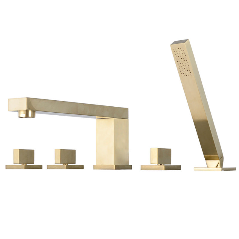 Modern Deck Mounted Low Arc Roman Tub Faucet Copper Roman Tub Faucet Set Gold 5 Hole Faucets Clearhalo 'Bathroom Remodel & Bathroom Fixtures' 'Bathtub Faucets' 'bathtub_faucets' 'Home Improvement' 'home_improvement' 'home_improvement_bathtub_faucets' 6895050