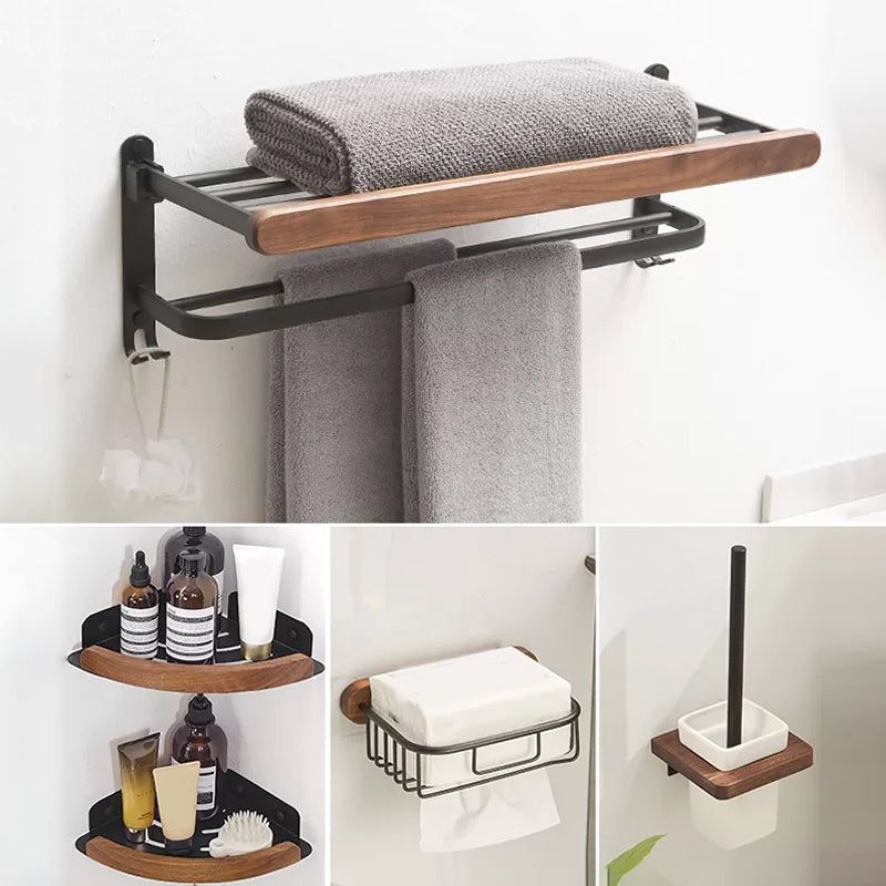 Modern Bathroom Accessory Kit Aluminum & Wood Bath Hardware Set 5-Piece Set (Triangle Bath Shelf) Clearhalo 'Bathroom Hardware Sets' 'Bathroom Hardware' 'Bathroom Remodel & Bathroom Fixtures' 'bathroom_hardware_sets' 'Home Improvement' 'home_improvement' 'home_improvement_bathroom_hardware_sets' 6896993