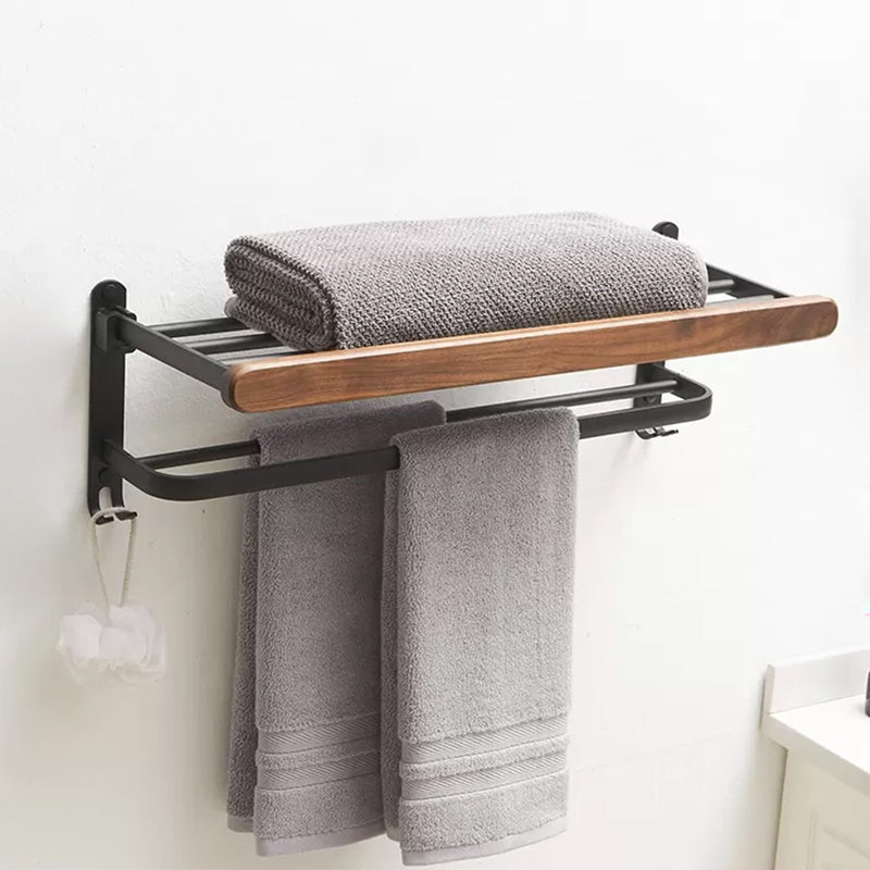 Modern Bathroom Accessory Kit Aluminum & Wood Bath Hardware Set Double Hooks Foldable Towel Rack (24"L) Clearhalo 'Bathroom Hardware Sets' 'Bathroom Hardware' 'Bathroom Remodel & Bathroom Fixtures' 'bathroom_hardware_sets' 'Home Improvement' 'home_improvement' 'home_improvement_bathroom_hardware_sets' 6896996