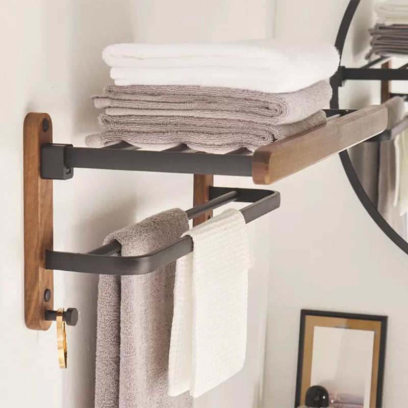 Modern Bathroom Accessory Kit Aluminum & Wood Bath Hardware Set Foldable Towel Rack (24"L) Clearhalo 'Bathroom Hardware Sets' 'Bathroom Hardware' 'Bathroom Remodel & Bathroom Fixtures' 'bathroom_hardware_sets' 'Home Improvement' 'home_improvement' 'home_improvement_bathroom_hardware_sets' 6896997