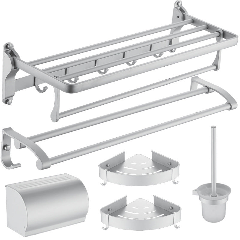 6-Piece Contemporary Bath Hardware Set Bath Shelf/Towel Bar Paper Holder Included Silver 6-Piece Set Clearhalo 'Bathroom Hardware Sets' 'Bathroom Hardware' 'Bathroom Remodel & Bathroom Fixtures' 'bathroom_hardware_sets' 'Home Improvement' 'home_improvement' 'home_improvement_bathroom_hardware_sets' 6897013