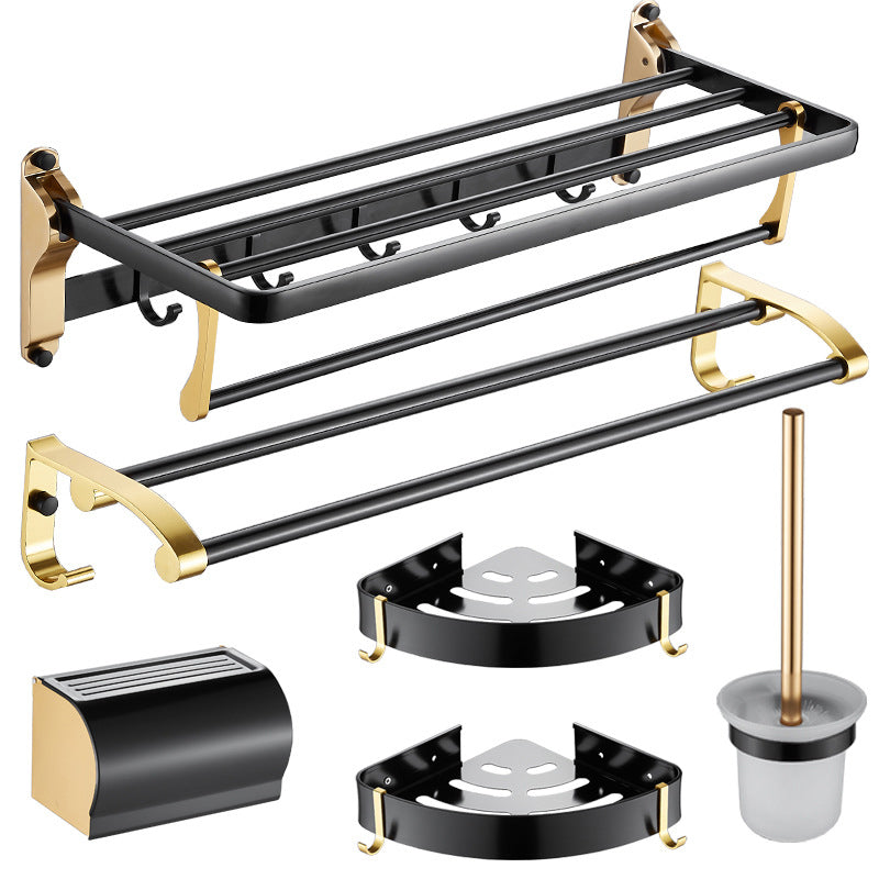 6-Piece Contemporary Bath Hardware Set Bath Shelf/Towel Bar Paper Holder Included Black/ Gold 6-Piece Set Clearhalo 'Bathroom Hardware Sets' 'Bathroom Hardware' 'Bathroom Remodel & Bathroom Fixtures' 'bathroom_hardware_sets' 'Home Improvement' 'home_improvement' 'home_improvement_bathroom_hardware_sets' 6897015