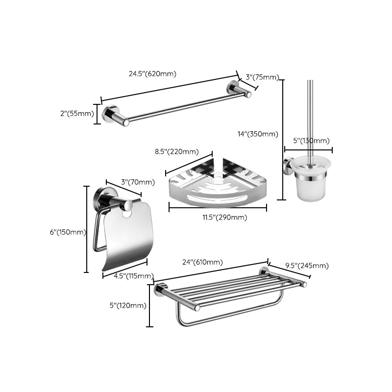 Polished Chrome 5-Piece Modern Bathroom Accessory Set with Bath Shelf Clearhalo 'Bathroom Hardware Sets' 'Bathroom Hardware' 'Bathroom Remodel & Bathroom Fixtures' 'bathroom_hardware_sets' 'Home Improvement' 'home_improvement' 'home_improvement_bathroom_hardware_sets' 6897056