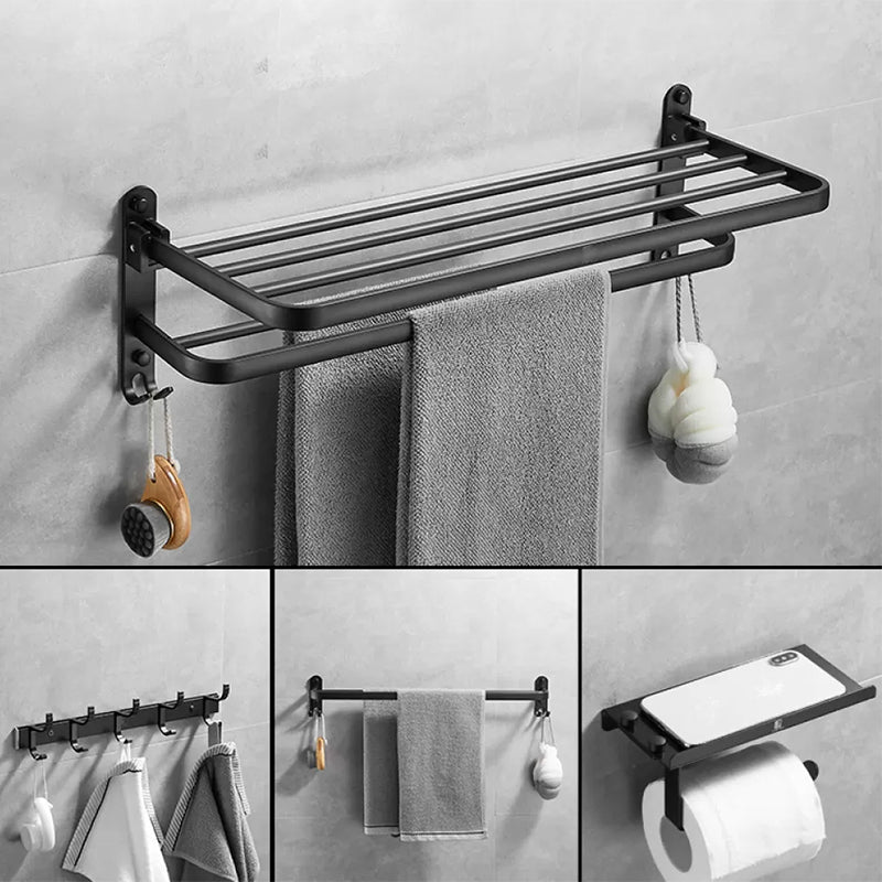 Matte Black Contemporary Bathroom Accessory Set with Bath Shelf & Towel Bar 4-Piece Set(Single Rod) Clearhalo 'Bathroom Hardware Sets' 'Bathroom Hardware' 'Bathroom Remodel & Bathroom Fixtures' 'bathroom_hardware_sets' 'Home Improvement' 'home_improvement' 'home_improvement_bathroom_hardware_sets' 6897122