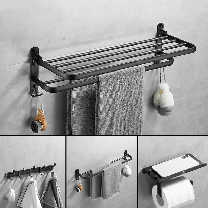 Matte Black Contemporary Bathroom Accessory Set with Bath Shelf & Towel Bar 4-Piece Set (Double Rods) Clearhalo 'Bathroom Hardware Sets' 'Bathroom Hardware' 'Bathroom Remodel & Bathroom Fixtures' 'bathroom_hardware_sets' 'Home Improvement' 'home_improvement' 'home_improvement_bathroom_hardware_sets' 6897124