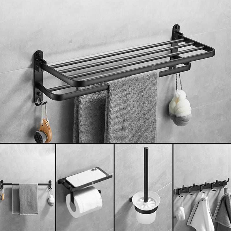 Matte Black Contemporary Bathroom Accessory Set with Bath Shelf & Towel Bar 5-Piece Set (Single Rod) Clearhalo 'Bathroom Hardware Sets' 'Bathroom Hardware' 'Bathroom Remodel & Bathroom Fixtures' 'bathroom_hardware_sets' 'Home Improvement' 'home_improvement' 'home_improvement_bathroom_hardware_sets' 6897126