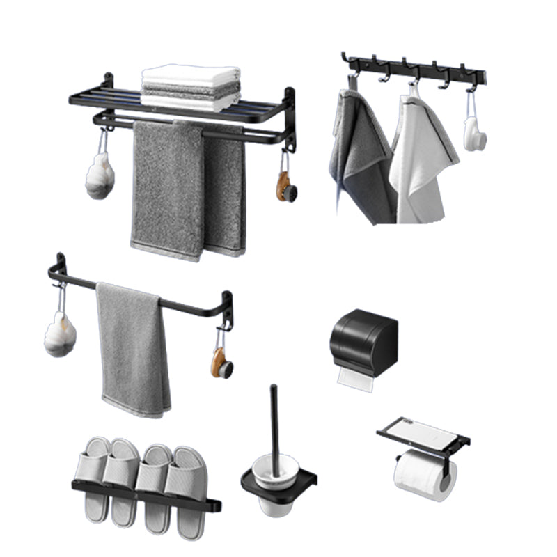 Matte Black Contemporary Bathroom Accessory Set with Bath Shelf & Towel Bar Clearhalo 'Bathroom Hardware Sets' 'Bathroom Hardware' 'Bathroom Remodel & Bathroom Fixtures' 'bathroom_hardware_sets' 'Home Improvement' 'home_improvement' 'home_improvement_bathroom_hardware_sets' 6897128